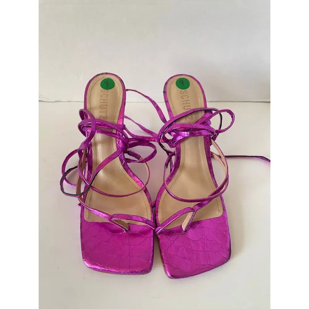 NWOT Schutz Krist Metallic Purple Reptile Embossed Strappy Sandals • Size 9